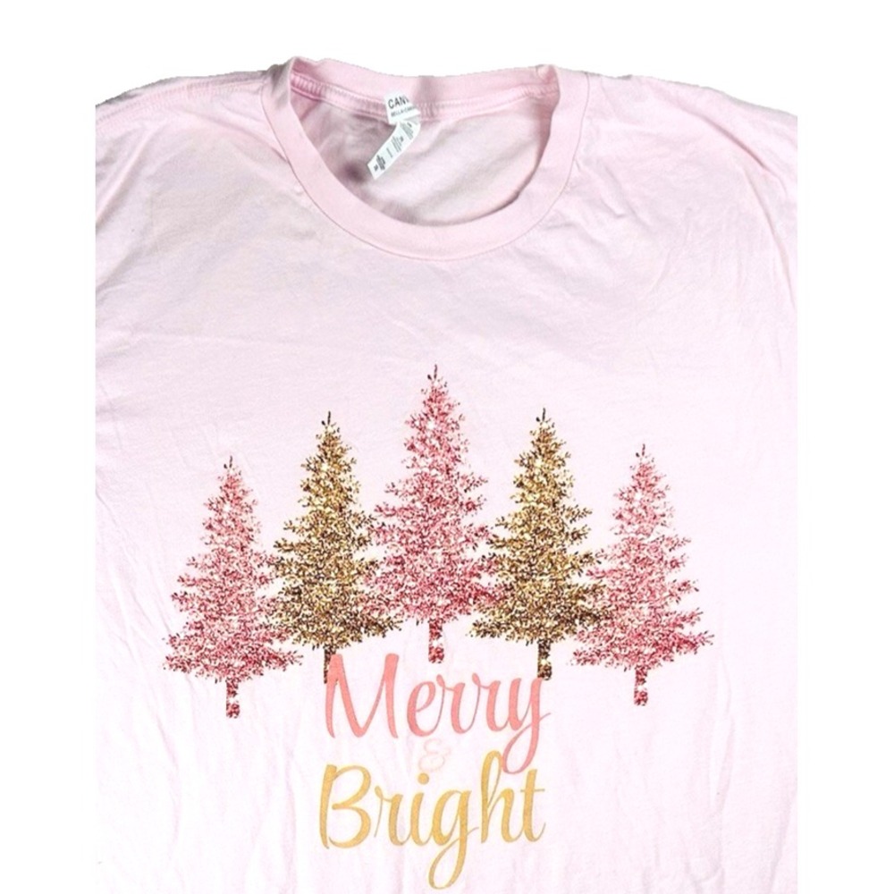 Merry & Bright Christmas Cotton Pink T-Shirt Women's 2X Festive Winter Pastel‎